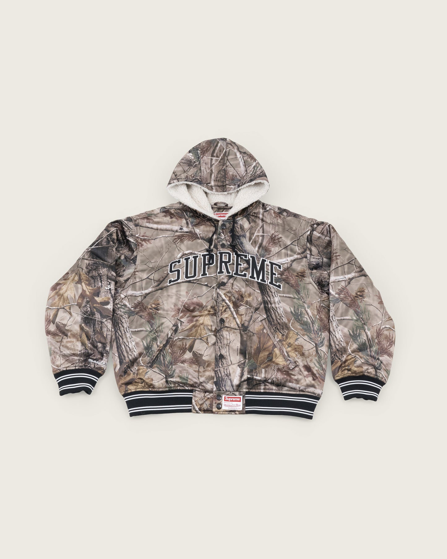 Supreme x Mitchell & Ness Lined Hooded Satin Varsity Jacket "Realtree" AP Camo"